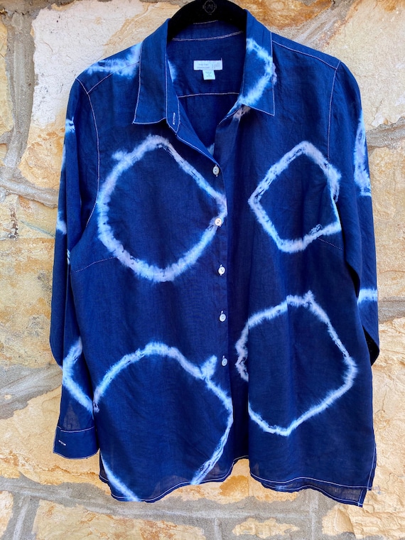 Upcycled J Jill Linen Medium Petite Navy Blue Tie-dye Button-down -   Norway