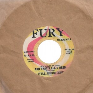 Pode incluir: Um rótulo de disco de vinil amarelo e vermelho com o texto "Fury Records" em preto. O disco é intitulado "And That's All I Need" de Little Junior Lewis. O número do disco é 1039 (F 1077).
