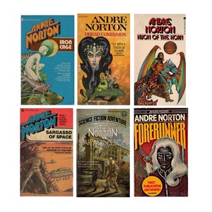 May include: Six vintage science fiction book covers by Andre Norton. The covers feature illustrations of fantastical characters and scenes, with titles like "Iron Cage" and "Star Man's Son." The color palette includes blues, oranges, and reds.