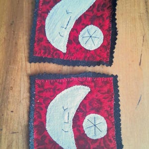 Hand Embroidered Boho/Festival/Moon and Star Red Cotton Denim Patch