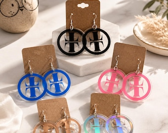 TAKE THAT EARRINGS. Logo design, Take That Circus Tour, Clear acrylic disc statement earrings. Silver Hooks.