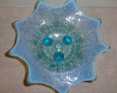 Vintage Northwood Pearl Flowers Blue Opalescent Footed Bowl