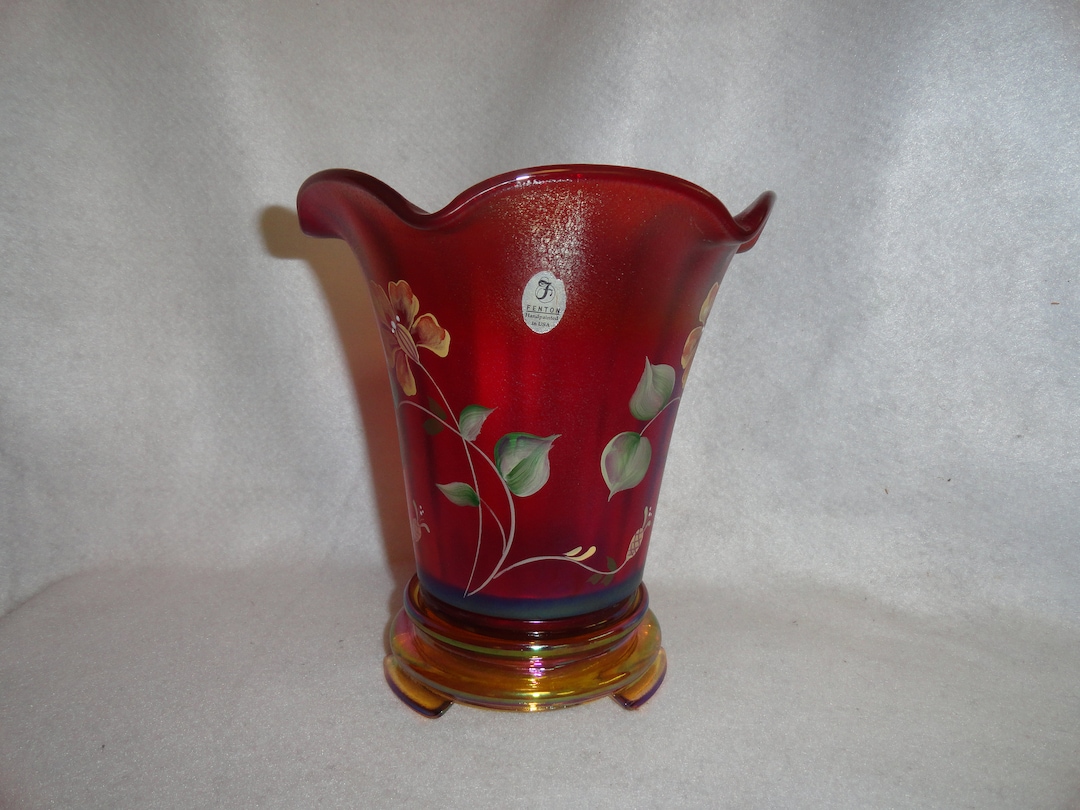 Fenton Hand Painted Ruby Stretch Glass Flip Vase on Stand - Frank ...