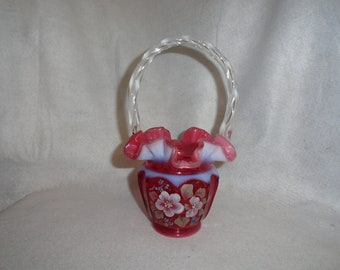 Fenton Open Heart Arches Hand Painted Cranberry Opalescent Basket