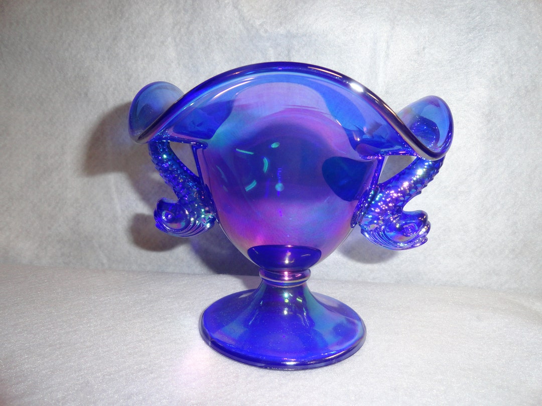 Fenton Blue Carnival Candy Dish With Dolphin Handles Etsy