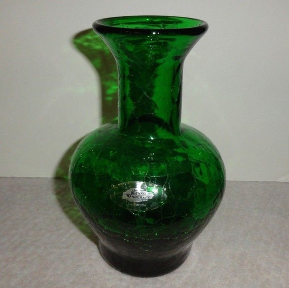 Blenko Emerald Green Crackle Glass Vase Etsy