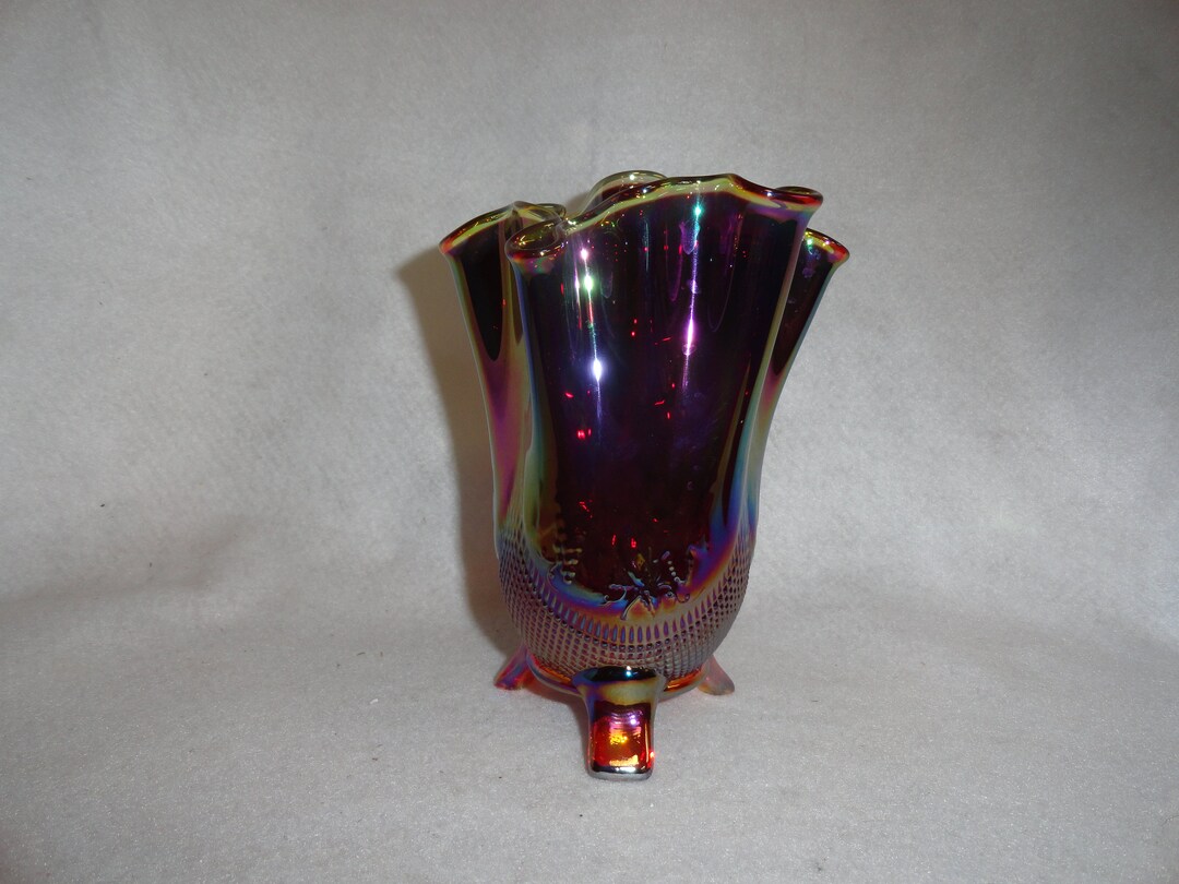 Fenton Fine Cut and Grapes Red Carnival Glass Hanky Vase Etsy