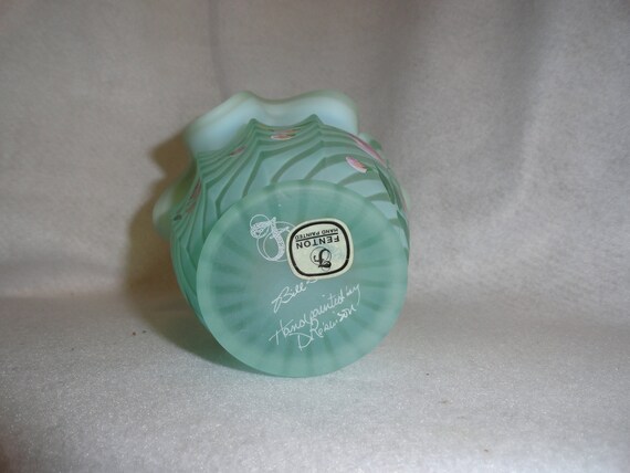 Fenton Green Satin Opalescent Spiral Optic Hand Painted Basket