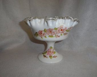 Vintage Fenton Hand Painted Silver Crest Large Comport