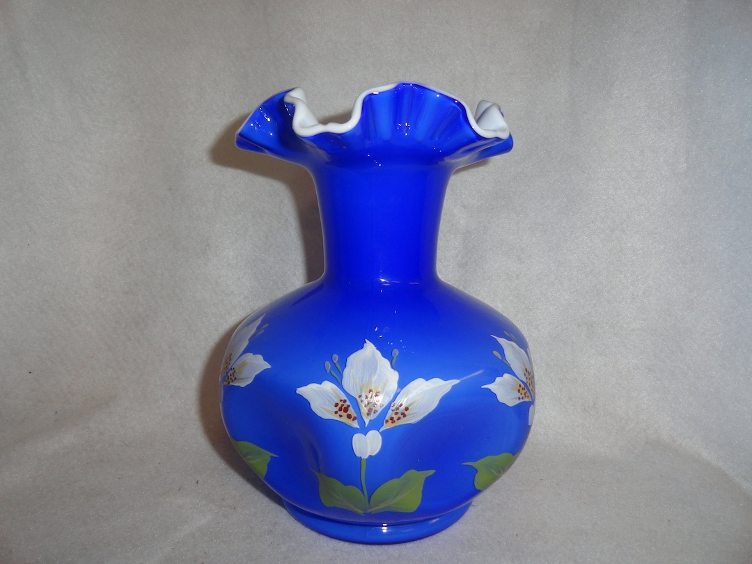 Fenton Hand Painted Cobalt Blue Overlay Large Art Glass Pinch Vase - Etsy