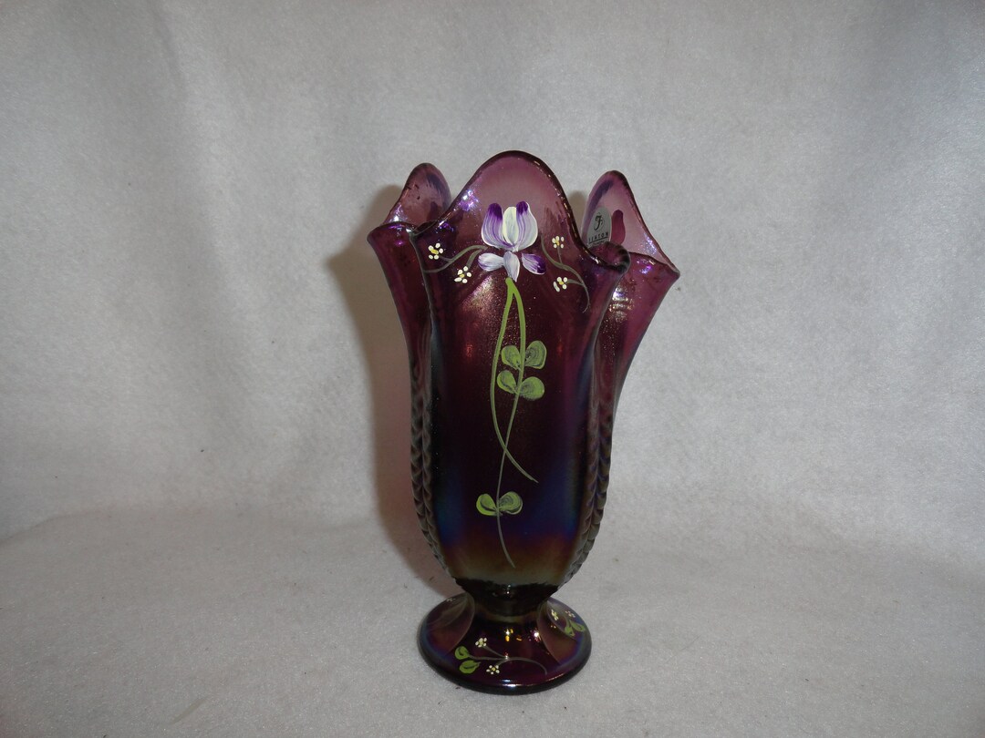 Fenton Hand Painted Iridized Plum Stretch Glass Hanky Vase Etsy