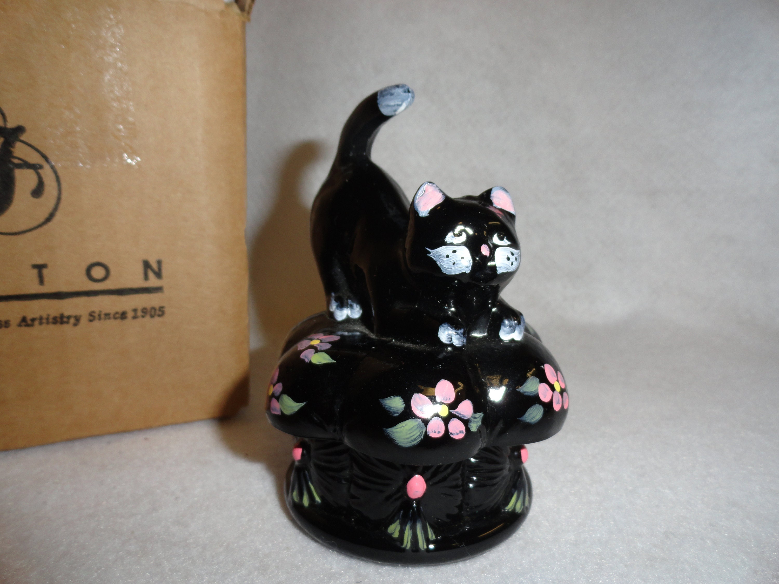 Fenton Hand Painted Cat Figurine Covered Trinket Box Etsy