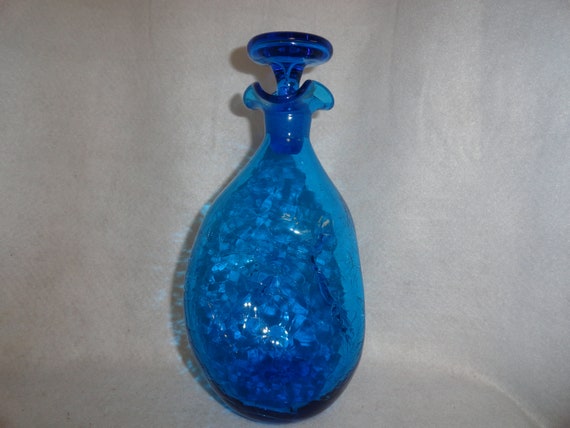 希少なヴィンテージ BLENKO ブレンコガラス 置物 手拭きガラスアメリカ雑貨 Vintage Blenko 49 Blue Crackle Glass Decanter With Stopper