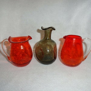 Grouping of 3 Hand Blown Crackle Glass Minis, 2 Orange Pitchers, 1 Charcoal Perfume Lot