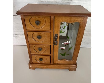 Vintage Mini armario estilo madera joyería caja marrón artesanía vidrieras