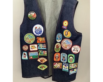 Vtg Big Waters YMCA Indian Guide Denim Vest Women’s 1x Patches Blue Buffalo