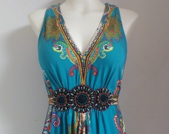 ICE Women's Dress Paisley - Summer Dress -Beaded Tie Belt Waist - Size: 6