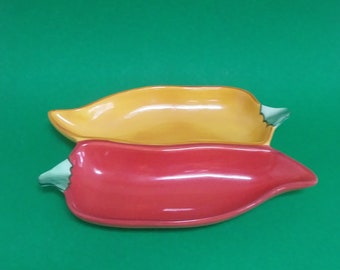 Ceramic Art by C.A. Chili Pepper Snack Dip Salsa Plate Dish / Red Yellow Peppers / Salsa Appetizer Dish 9"