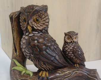 Vintage 1975 Continental Studios Owl Mama and Baby Perched on Branch Sculpture **Rare**