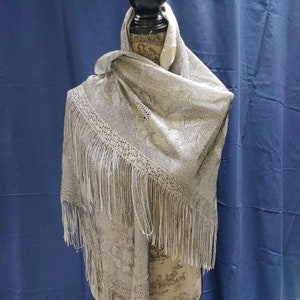 Vintage Shawl Long Fringe Metallic Wrap ~ Gray Shawl ~ Large Shawl Sheer