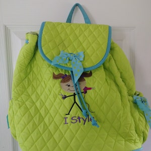 Charming Lime Green & Blue Quilted Backpack ~ 11.5&quot; tall x 7.5&quot; depth x 13.5&quot; length.