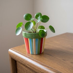 Maceta de cerámica colorida a rayas pintada a mano - Maceta decorativa multiusos