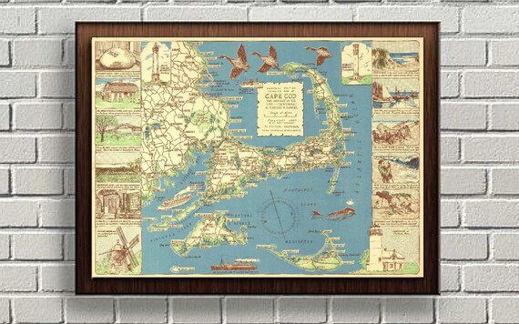 1940 Vintage Map Of Cape Cod Massachusetts Poster Fathers Day Gift Apartment Wall Art Antique Map Decor
