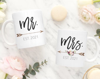 SET Mr and Mrs Personalized Mugs, Gold Arrow, Wedding Date, Established, Wifey Gift