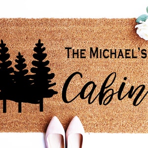 Personalized Cabin Doormat, Wedding Gift, Custom Welcome Mat, Summer Decor, Family Door Mat, Trees, Housewarming Gift, Funny Doormat, Porch