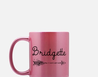 Custom Name Metallic Pink Mug With Feather Arrow