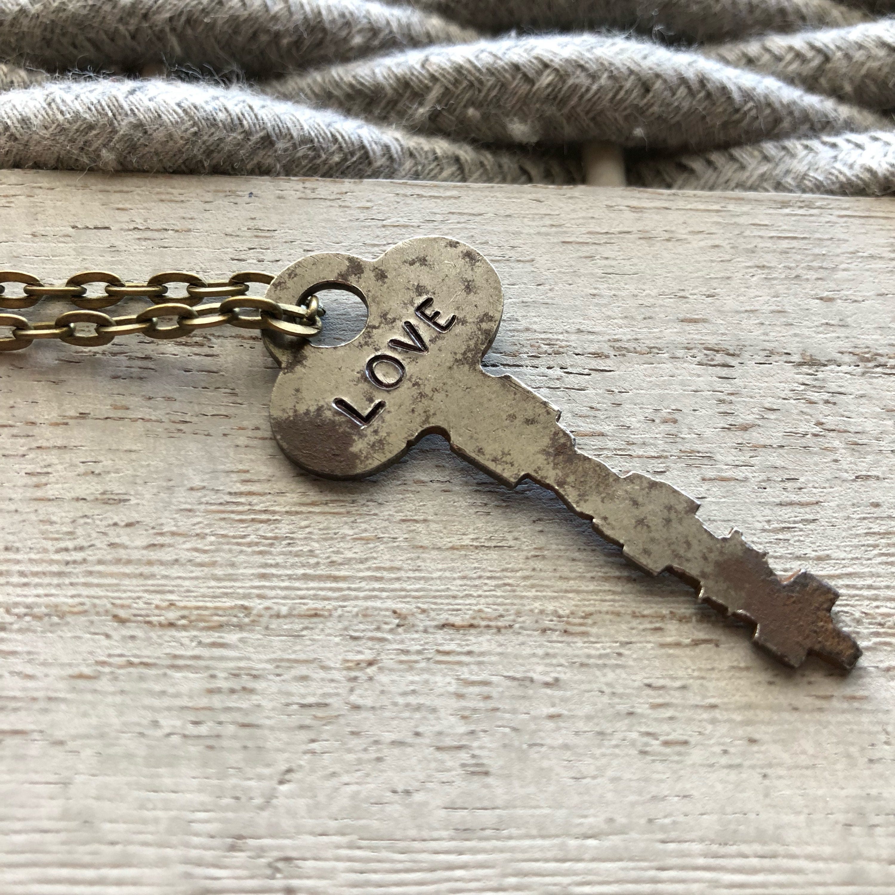 love key necklace • vintage repurposed key necklace • hand stamped