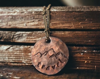 Travel Neckace Mountain Necklace Lucky Penny Necklace Hand-Stamped Necklace Distressed Penny Wanderlust Gift Hiker Gift