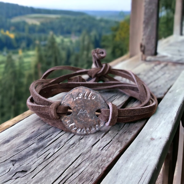 Distressed Penny Leather Wrap Bracelet | hello, adventure | hand stamped suede bracelet | mountain lover gift