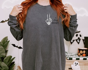 Stay Spooky Long Sleeve Halloween Shirt Skeleton Peace Sign Shirt Comfort Colors Spooky Long Sleeve Shirt