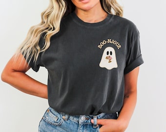 Boo Ghost TShirt Boo-njour Ghost Shirt Comfort Colors Retro Halloween Shirt Croissant French Shirt