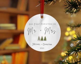 First Christmas Married Ornament Metal Ornament Mr and Mrs Ornament Newlywed Gift Just Married Gift
