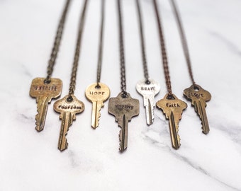 Vintage Key Necklace Custom Hand Stamped Key Necklace Custom Hand Stamped Key Vintage Key Keepsake Gift