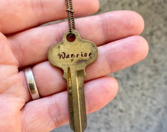 Vintage Key Necklace Warrior Key Necklace Vintage Repurposed Key Hand-Stamped Key Keepsake Antique Key Blank