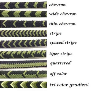 May include: A collection of braided cords with various chevron and stripe patterns in shades of green and black. The image displays different designs, including "chevron", "wide chevron", "thin chevron", "stripe", and "tri-color gradient".