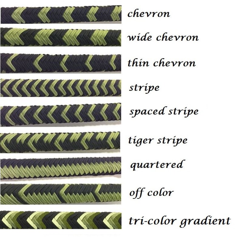 May include: A collection of braided cords with various chevron and stripe patterns in shades of green and black. The image displays different designs, including "chevron", "wide chevron", "thin chevron", "stripe", and "tri-color gradient".
