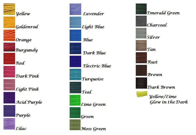 May include: A color chart featuring a variety of thread colors. The chart displays swatches of colors such as yellow, orange, red, blue, green, and purple, with each color labeled with its name. The text "Yellow/Lime Glow in the Dark" is also visible.