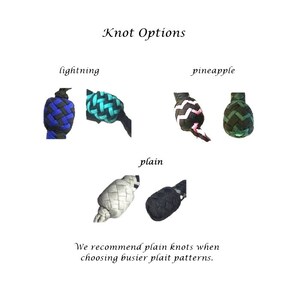 May include: Image showing different knot options: lightning, pineapple, and plain. The lightning knot is blue and black, the pineapple knot is black and pink, and the plain knot is white and black. Text reads "Knot Options" and "We recommend plain knots when choosing busier plait patterns."
