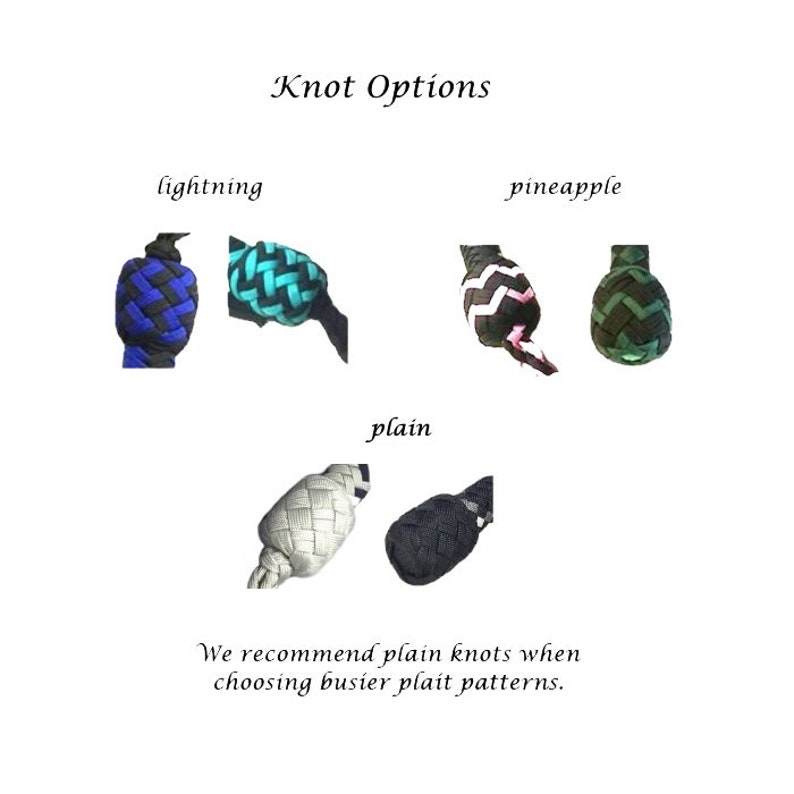 May include: Image showing different knot options: lightning, pineapple, and plain. The lightning knot is blue and black, the pineapple knot is black and pink, and the plain knot is white and black. Text reads "Knot Options" and "We recommend plain knots when choosing busier plait patterns."