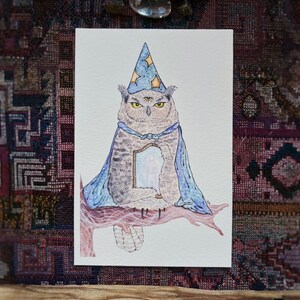 Wizard Owl | Art Print, Watercolors, Whimsical, Forest Animal, Magical Owl Painting, Dreamy Storybook Art, Childrens Owl Illustration