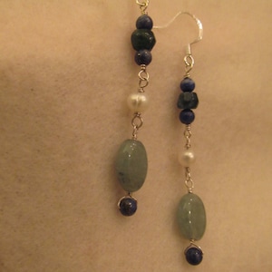 Green Aventurine, Lapis, Freshwater Pearl Earrings