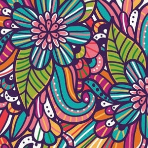 Peut inclure: Un motif floral abstrait coloré avec des volutes, des feuilles et des fleurs dans des tons de rose, bleu, vert, orange et violet.