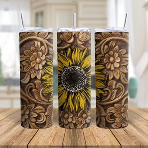 Sunflower Tumbler Leather Tumbler Tooled Leather Tumbler Western Sunflower Tumbler Wester Tumbler