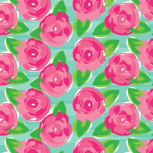 Peut inclure: Un motif sans couture composé de fleurs stylisées roses avec des feuilles vertes sur un fond bleu clair.