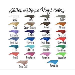 May include: A chart of glitter adhesive vinyl colors in the shape of the state of North Carolina. The colors include white, black, onyx, silver, gold, desert taupe, brown, orange, lavender, purple, amethyst, dark red, cool blue, sapphire, dark blue, cherry red, teal, robin's egg, seafoam, shamrock green, coral, raspberry, fluorescent pink, fluorescent green, rose gold, and fluorescent blue.