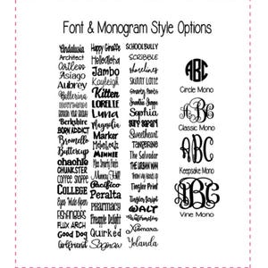 May include: A chart of font and monogram styles for personalization. The chart includes a list of font names and a visual representation of different monogram styles, including circle, classic, keepsake, and vine.